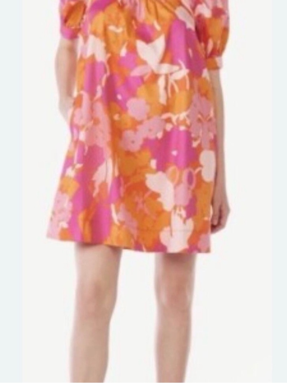 Ladies scoop neck Bright Floral Puff-Sleeve Dress in Pink & Orange